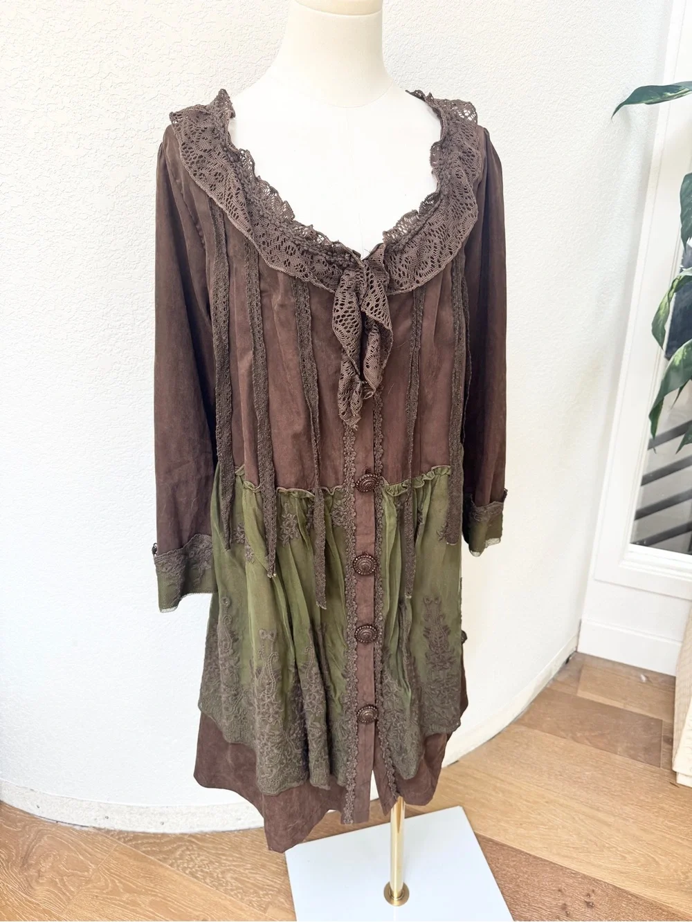 NWT Pretty Angel Fairy 🧚🏻 Olive Green Brown Layered Lace Tunic Mini Dress XL - Picture 3 of 6